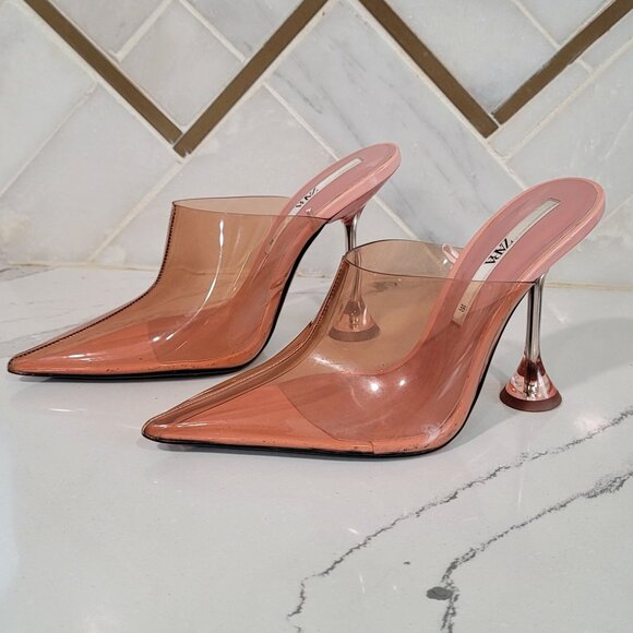 ZARA Vinyl heeled mules pointed toes transparent heels rose color Size 38 US 7.5 - Picture 9 of 15